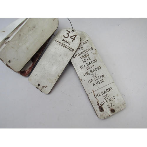 8049 - Ten traffolite signal box lever plates, some marked locations to reverse