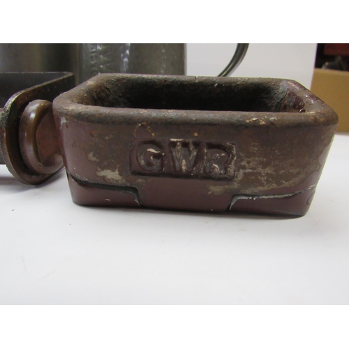 8056 - A cast handled lidded pot, stamped GWR Hotels to the side and GWR to the lid and similar tankard, al... 