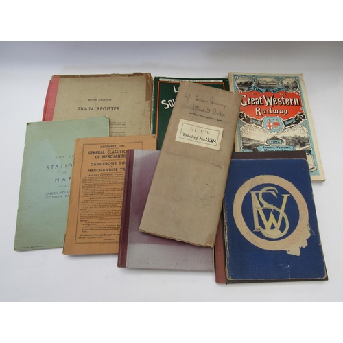 8073 - A quantity of mixed railway related books, timetables, train register and GER standard boiler bluepr... 