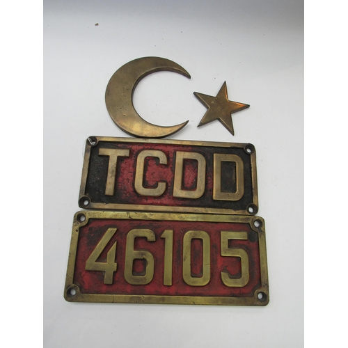 8081 - Turkish Railways Star and Crescent brass badge and two brass cabside work plates TCDD and 46105