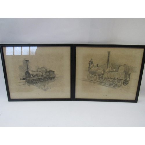 8188 - A set of four prints depicting steam locomotives including 'Lion' and 'Rocket', glass a/f, 35 x 30cm