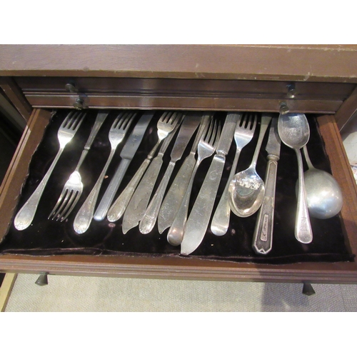 8199 - A mahogany cased six drawer cutlery storage unit containing silver plated examples from various comp... 