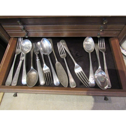 8199 - A mahogany cased six drawer cutlery storage unit containing silver plated examples from various comp... 