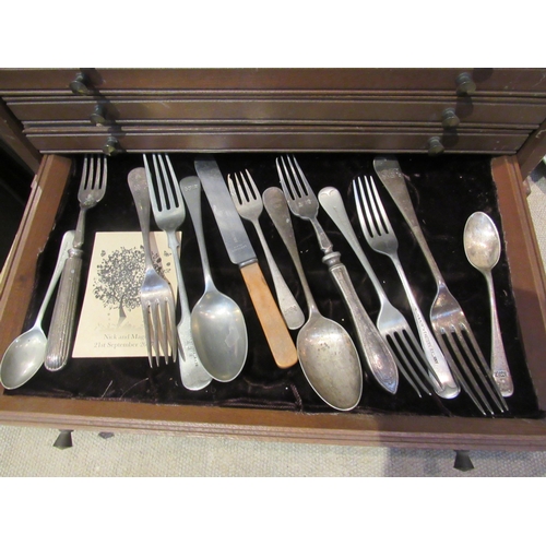 8199 - A mahogany cased six drawer cutlery storage unit containing silver plated examples from various comp... 