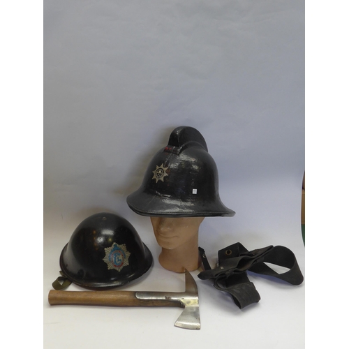 8281 - Two firemans helmets; British Fire Service and Berkshire & Reading Fire Brigade together with a fire... 