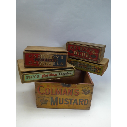 8284 - Four wooden advertising boxes; Fry's. Cadburys Caramels, Barratt & Co and Becketts Blue and a Colman... 