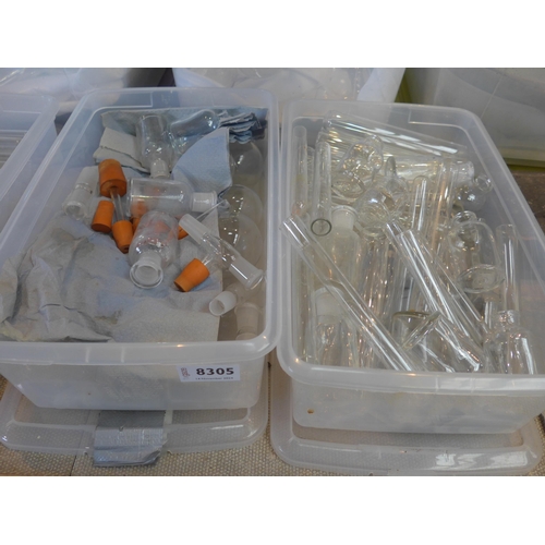 8305 - Two boxes of glass science lab bottles and stoppers