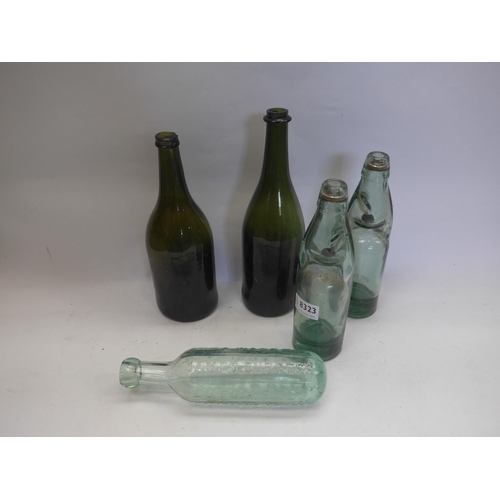 8323 - Two green glass wine bottles, two Codd bottles and James Burgess bottle