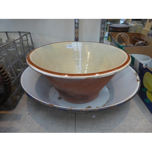 8325 - An enamel cream separating bowl and a terracotta cream separating bowl, 56cm and 46cm diameters