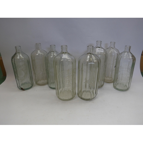 8331 - Eight etched glass Soda syphon bottles, no tops, including Moorhouse Brothers