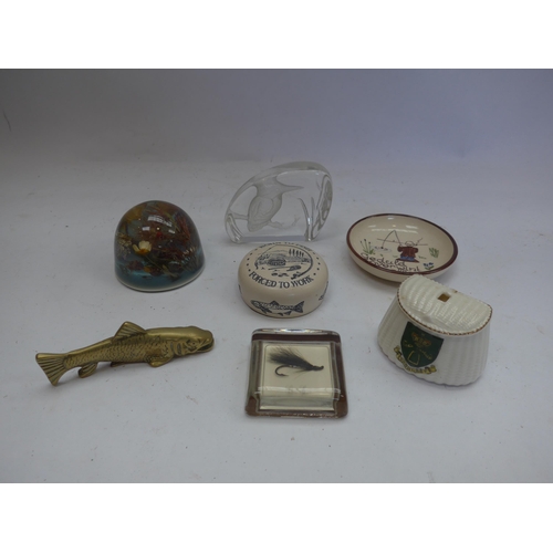 8340 - Three decorative paperweights, ceramic collectable fishing creel, brass fish etc