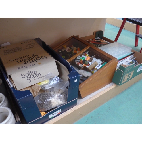 8348 - A wooden table top cabinet containing fly tying thread, feathers, materials and magazines