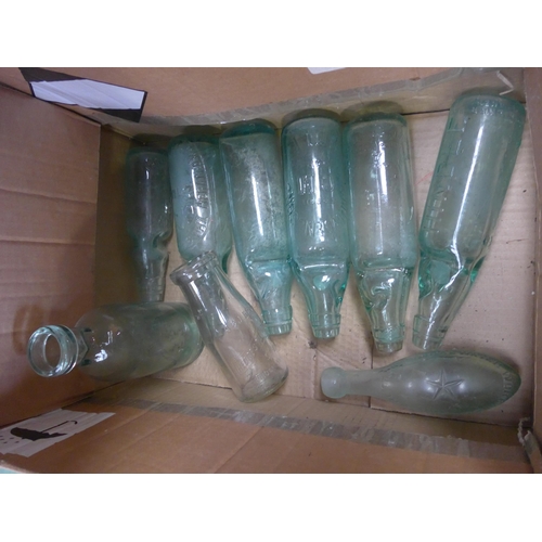 8379 - A box of mixed glass bottles including codds