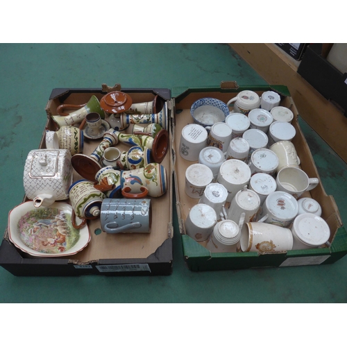 8383 - Two boxes of ceramics including Torquay ware and commemorative rugs