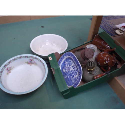 8384 - A box of mixed including blue and white meat plates, storm lamp and two ceramic wash bowls