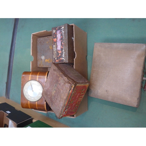 8386 - A box of mixed tins, clock, small case etc