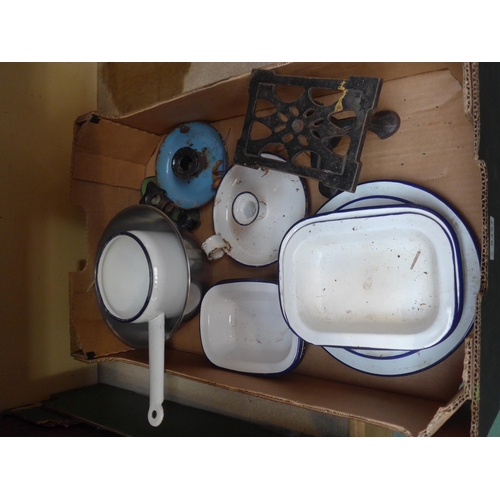 8397 - A box of mixed enamelware including chamber stick, saucepan etc