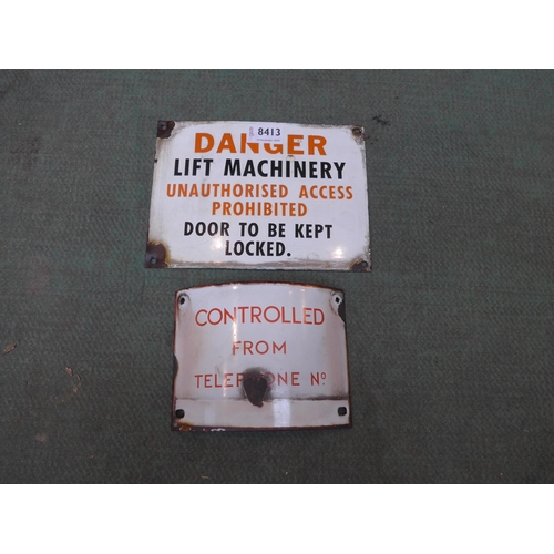 8413 - An enamel Lift machinery sign 22cm x 16cm and an enamel telephone post control sign