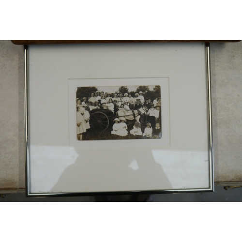 2001 - A framed sampler, 1821, 31cm x 48cm and a framed photograph from Methwold Fete 1913