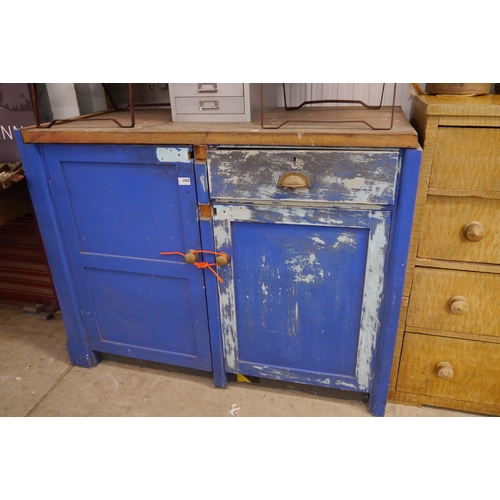 2080 - A blue painted work bench cupboard