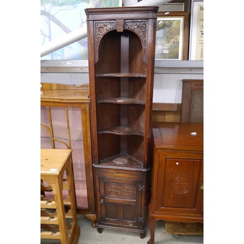 2409 - A corner display cabinet three shelves and bottom cupboard oak Jaycee furniture