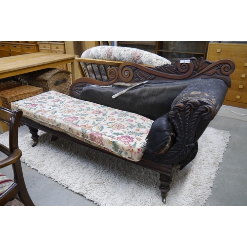 2418 - An early Victorian chaise longue with carved frame and horse hair filling a/f