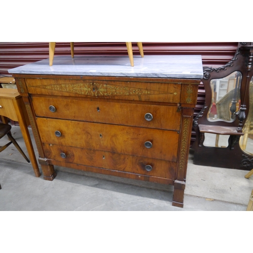 2436 - A Napoleonic Empire walnut chest of four long drawers , marble top , 97cm x 124cm x 58.5cm