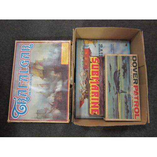 1564 - Five boxed games, Colditz, Railroader, Submarine, Dover Patrol and Trafalgar the realistic sea battl... 