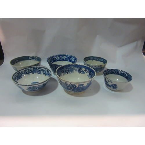 4466 - Six 19th Century blue and white printed footed bowls, some a/f