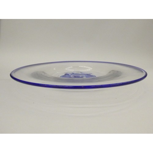 4272 - A Langham Glass 'Cosmos' plate in clear with blue controlled bubbles and rim. 35cm diameter (scratch... 