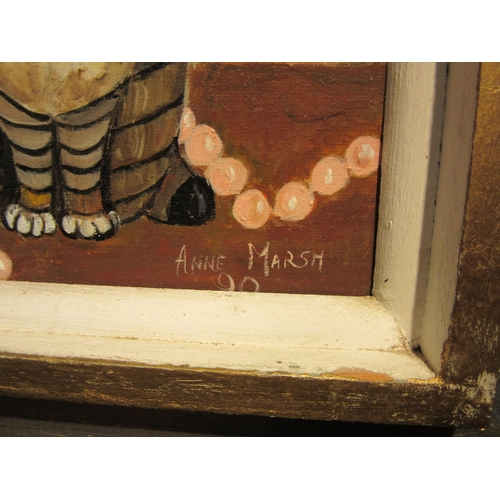 4022 - ANNE MARSH (XX): A framed oil on canvas - 'Sunflowers and Vase with Cat'. Signed bottom right and da... 