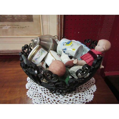 4120 - A black lattice bowl containing miscellaneous curios including Wedgwood china, Cornish Tremar potter... 