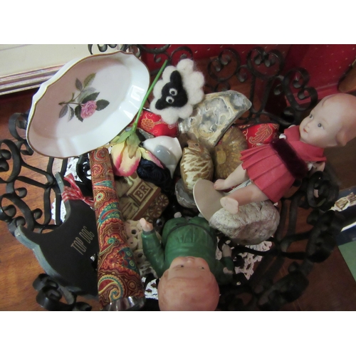 4120 - A black lattice bowl containing miscellaneous curios including Wedgwood china, Cornish Tremar potter... 