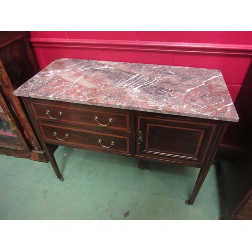 4139 - An Edwardian mahogany marble top washstand with crossbanded chequer strung inlay the single cupboard... 