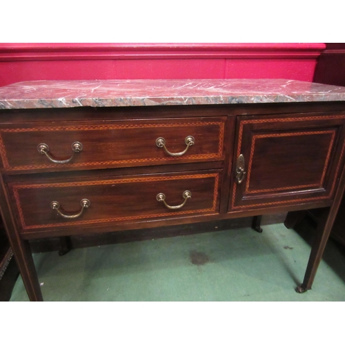 4139 - An Edwardian mahogany marble top washstand with crossbanded chequer strung inlay the single cupboard... 