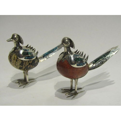 4387 - A pair of Taxco Mexico figures of birds, the bodies as eggs with Mexican silver heads, tails and leg... 