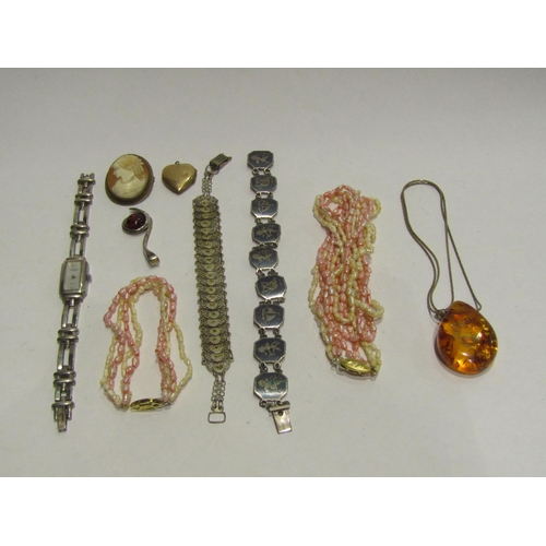 4397 - A box of costume jewellery including gold placket locket, lady's Rotary wristwatch, cameo brooch etc... 