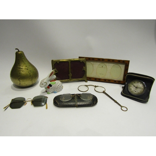 4451 - Assorted items including small brass twin photograph frame, tin, gilt metal pear, three pairs of spe... 