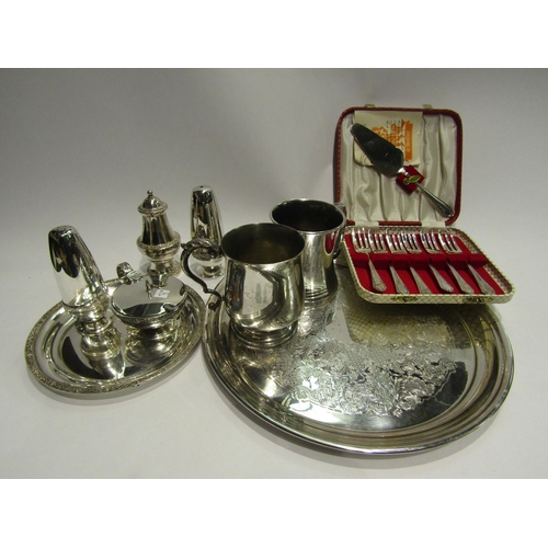 4459 - A selection of plated wares including cased Arthur price cake forks with server, various salts and p... 