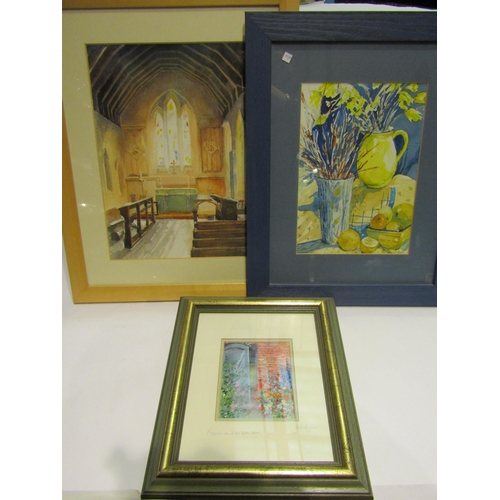 4469 - Two watercolours, a still life of lemons and jugs and church interior, both signed lower right, toge... 