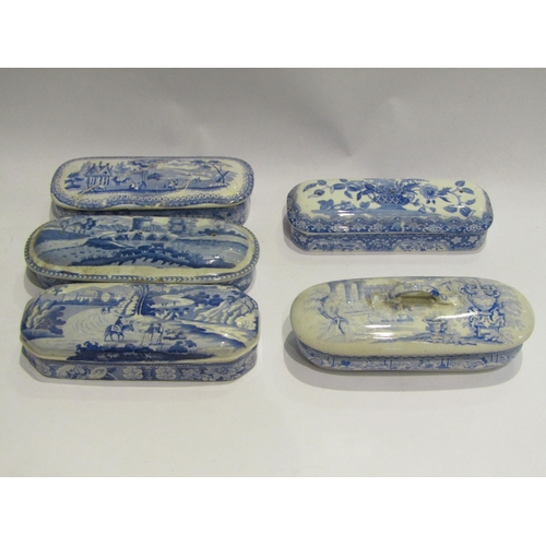 4470 - Five blue and white rectangular lidded pots to include Spode, one a/f