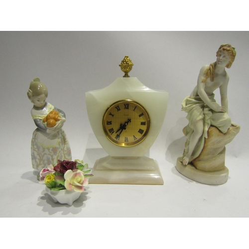 4472 - A Lladro figure of girl holding oranges, Doulton posy, classical figure and onyx clock (4)