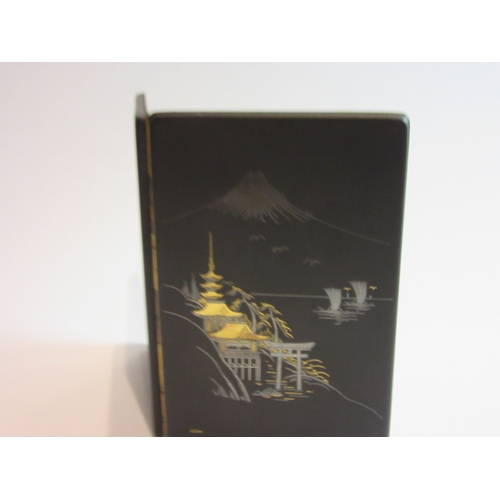 4343 - A vintage Damascene cigarette case with 24k inlay depicting pagoda and boats by Mount Fiji