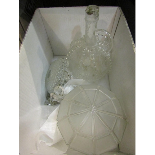 4266 - A Victorian carafe raised bands etched with fruiting vines, opaque glass shade and crystal bag light... 