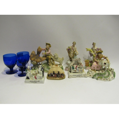 4498 - A selection of ceramics including Staffordshire figures, Parian jug, cottage and four blue glasses e... 