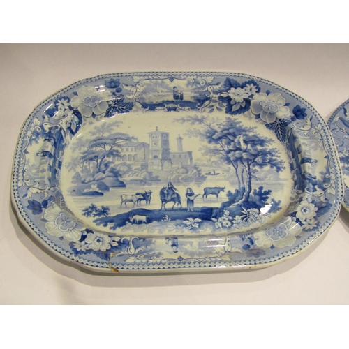 4499 - Two graduated blue and white meat plates, one marked 