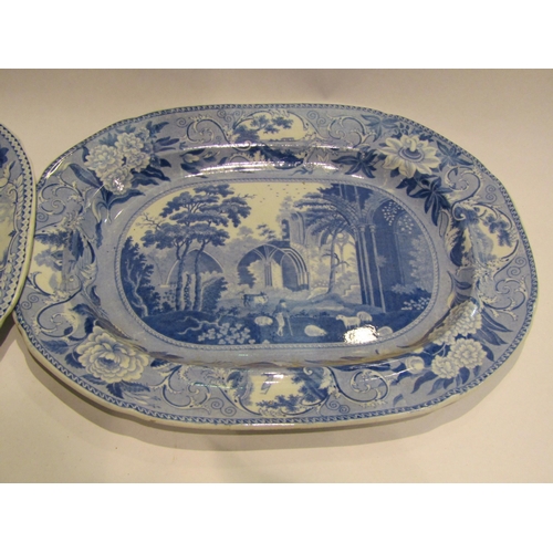 4499 - Two graduated blue and white meat plates, one marked 