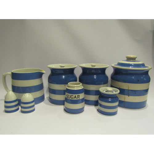 4500 - A selection of T.G Green blue and white kitchenalia including storage jar, jug, pepperettes etc. Som... 