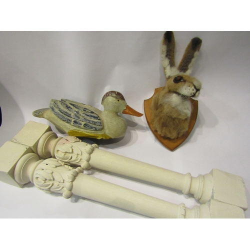 4333 - A pair of rustic painted candlestick holders, a painted decoy duck and felt rabbit head on plaque (4... 