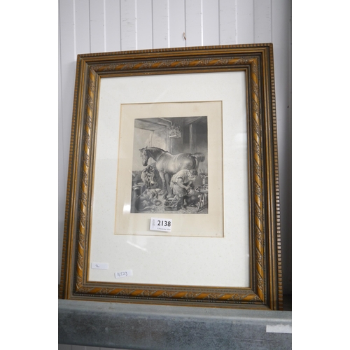 2133 - A framed engraving.  After Sir Edwin Landseer, inside the Blacksmiths shop